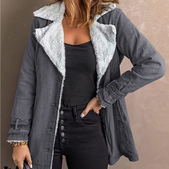 NEW Denim Fur Lined Lapel Coat - Picture 6 of 11